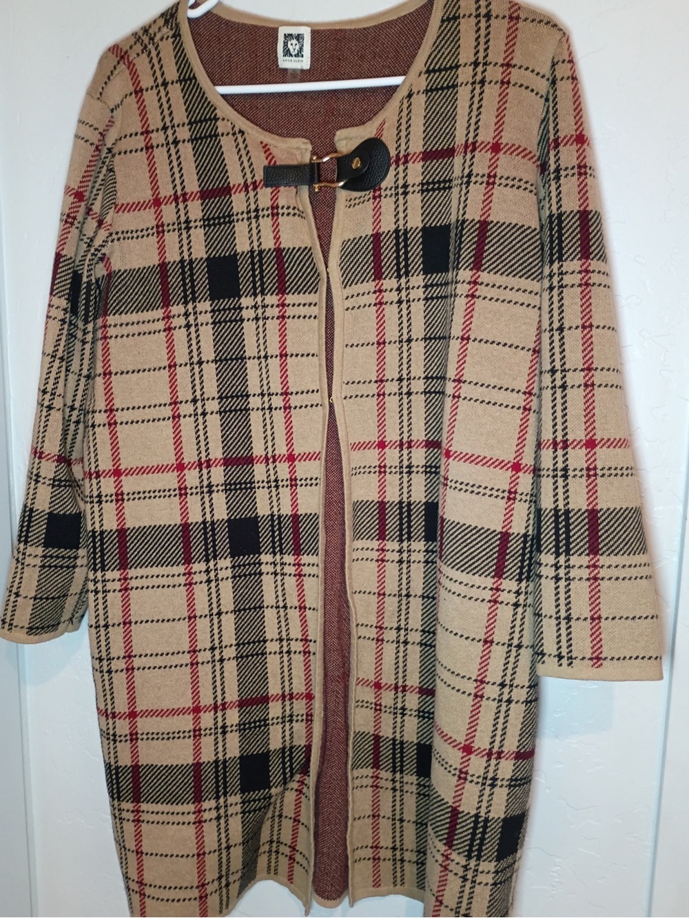 Anne Klein Plaid Beige Longline Sweater Coat with Toggle Closure size xl